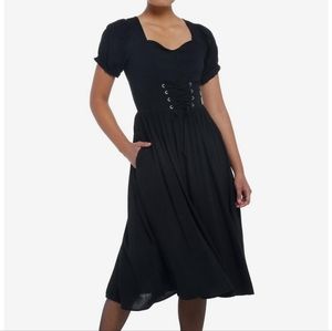 Black Puff Sleeve Corset Midi Dress-Med